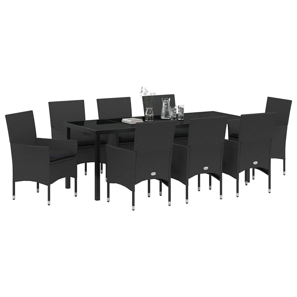 vidaXL Zestaw do jadalni w ogrodzie z poduszką 9 pcs Czarny polirattan