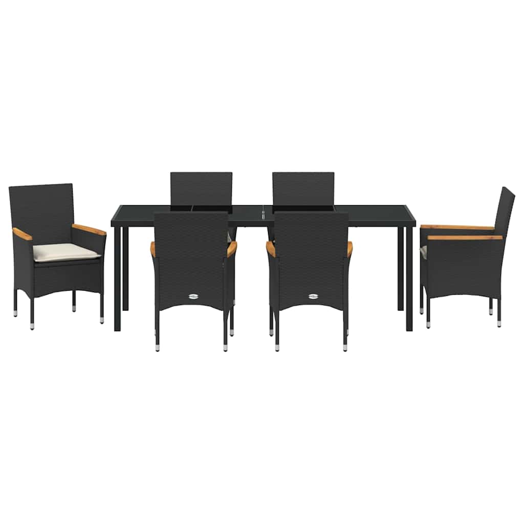 vidaXL Zestaw do jadalni w ogrodzie z poduszką 7 pcs Czarny polirattan