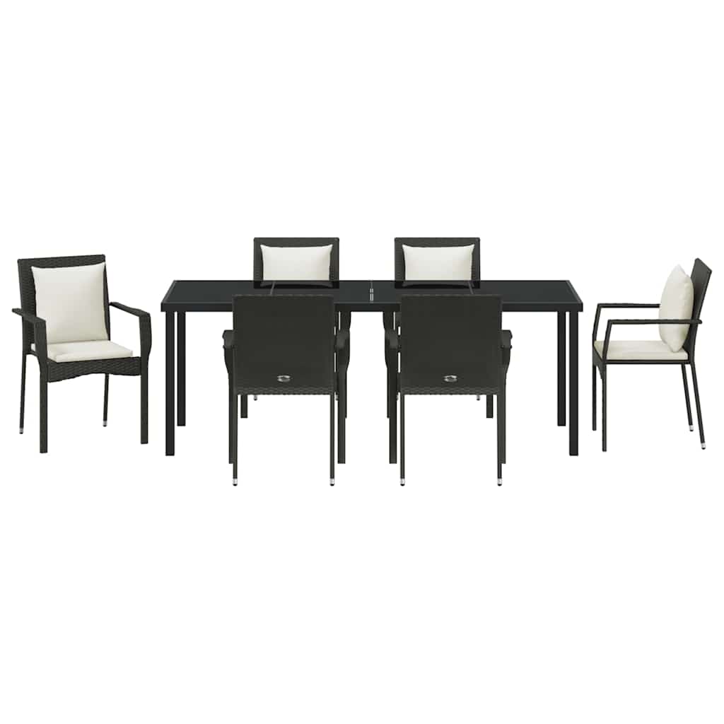 vidaXL Zestaw do jadalni w ogrodzie z poduszką 7 pcs Czarny polirattan