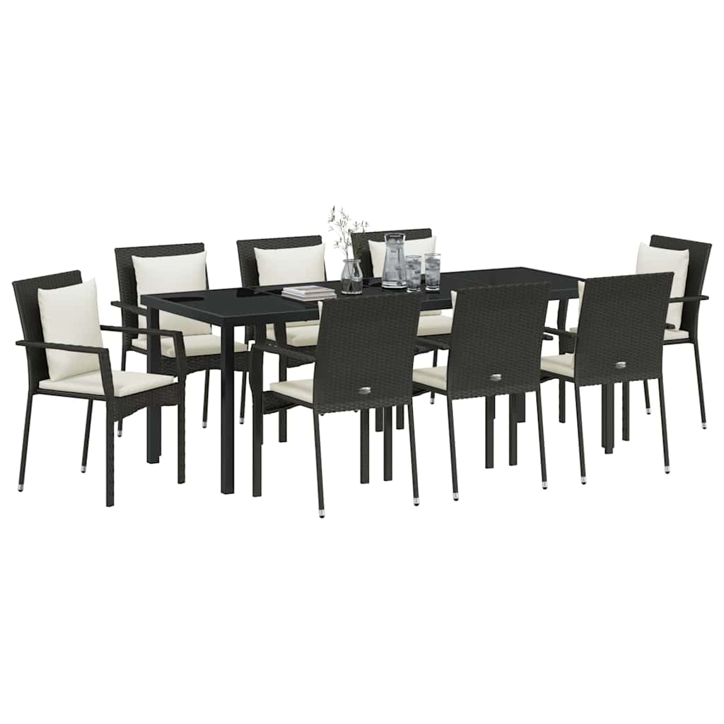 vidaXL Zestaw do jadalni w ogrodzie z poduszką 9 pcs Czarny polirattan