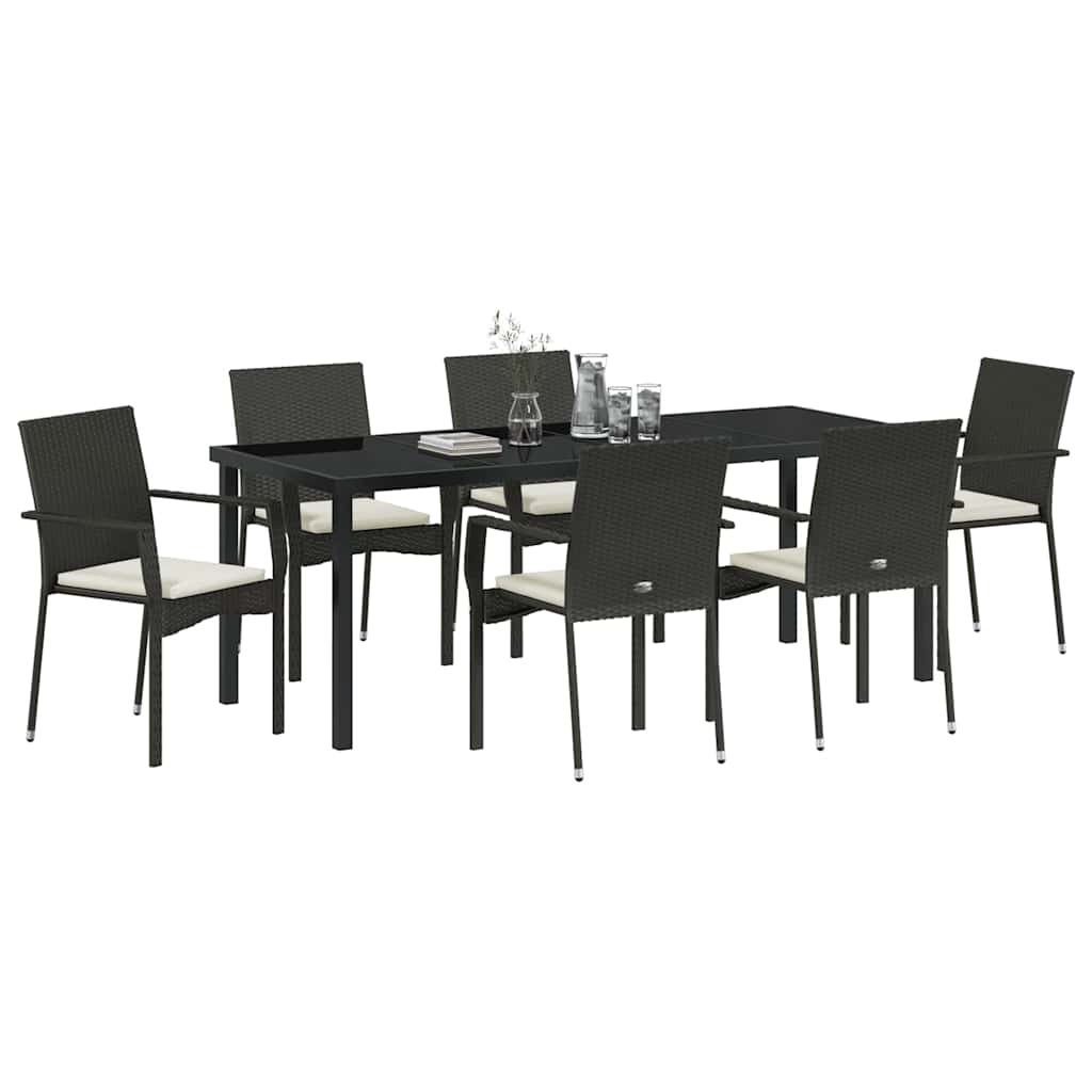 vidaXL Zestaw do jadalni w ogrodzie z poduszką 7 pcs Czarny polirattan