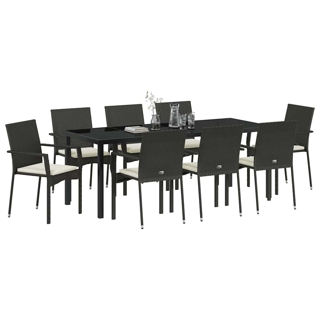 vidaXL Zestaw do jadalni w ogrodzie z poduszką 9 pcs Czarny polirattan