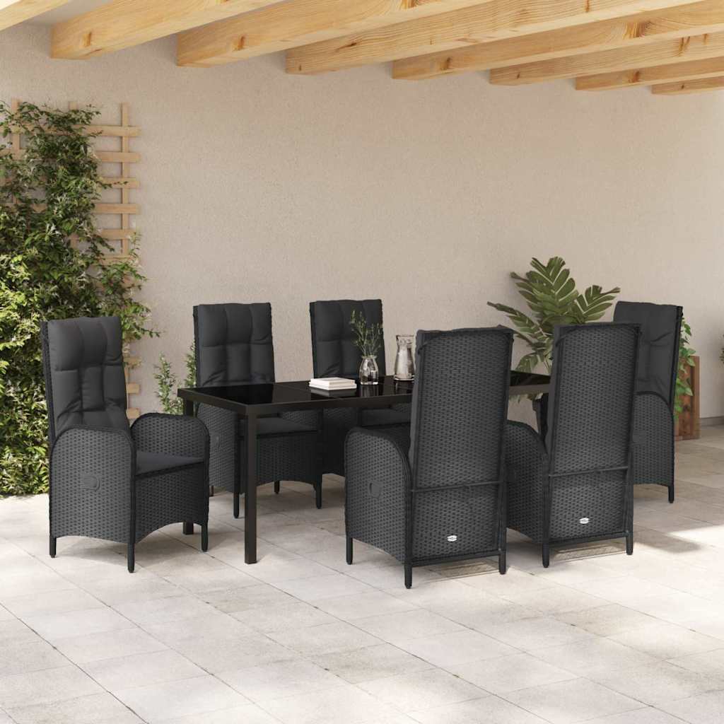 vidaXL Zestaw do jadalni w ogrodzie z poduszką 7 pcs Czarny polirattan