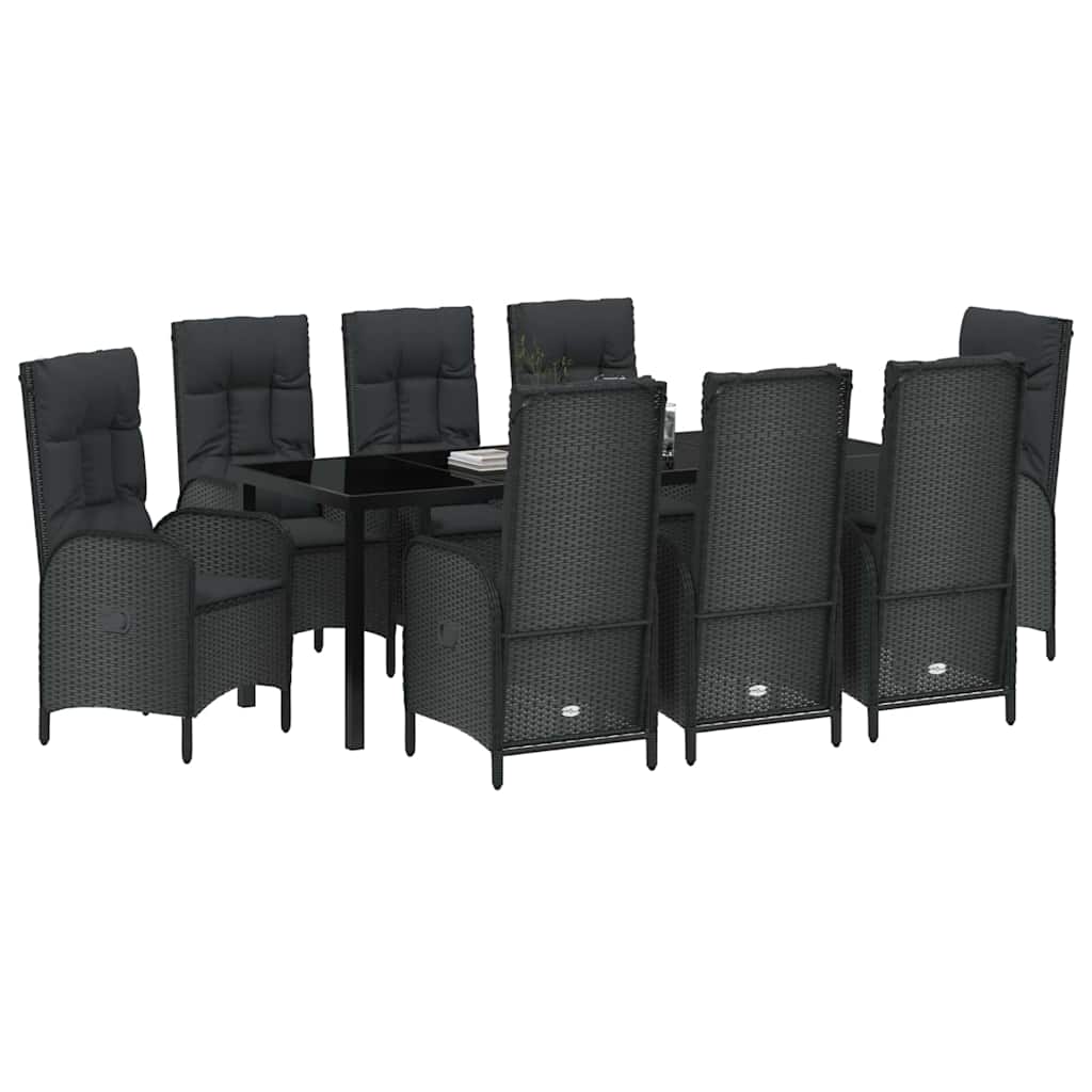 vidaXL Zestaw do jadalni w ogrodzie z poduszką 9 pcs Czarny polirattan