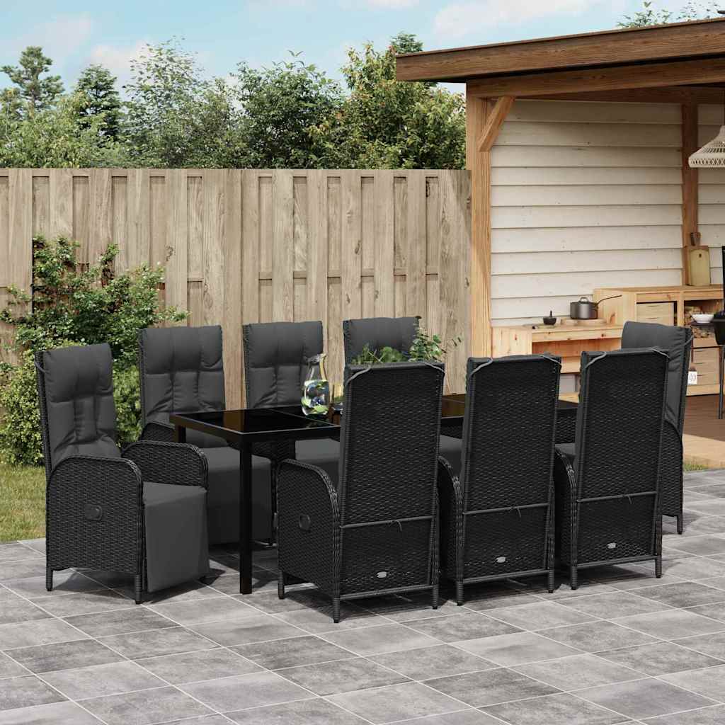 vidaXL Zestaw do jadalni w ogrodzie z poduszką 9 pcs Czarny polirattan