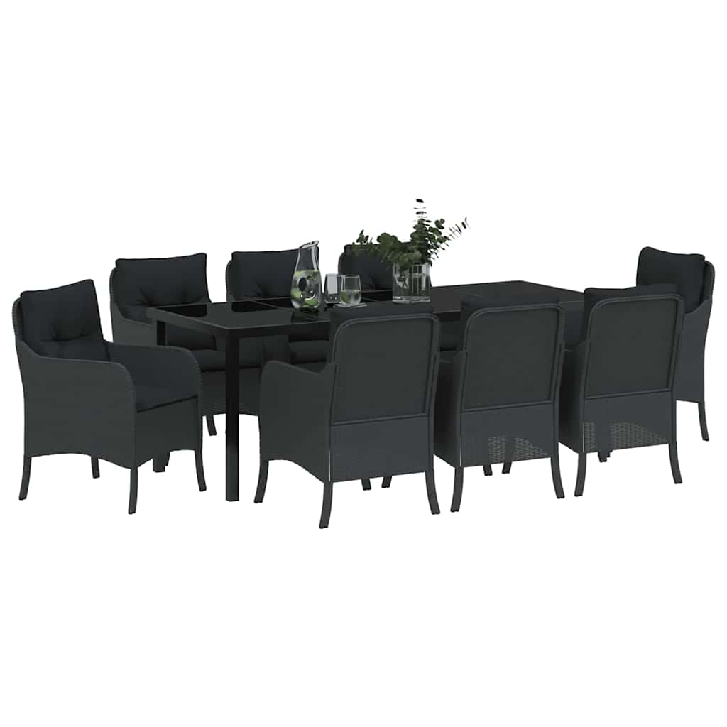 vidaXL Zestaw do jadalni w ogrodzie z poduszką 9 pcs Czarny polirattan