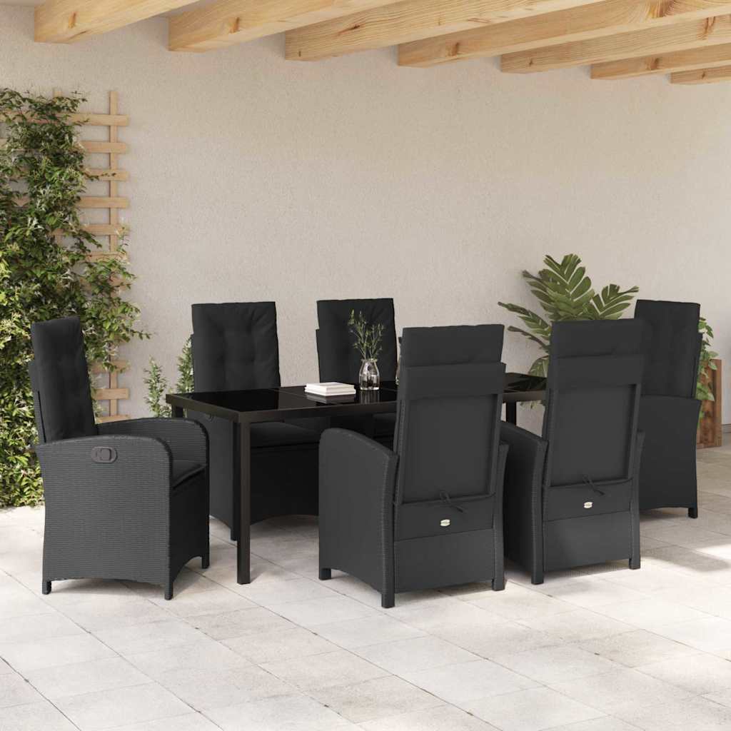 vidaXL Zestaw do jadalni w ogrodzie z poduszką 7 pcs Czarny polirattan