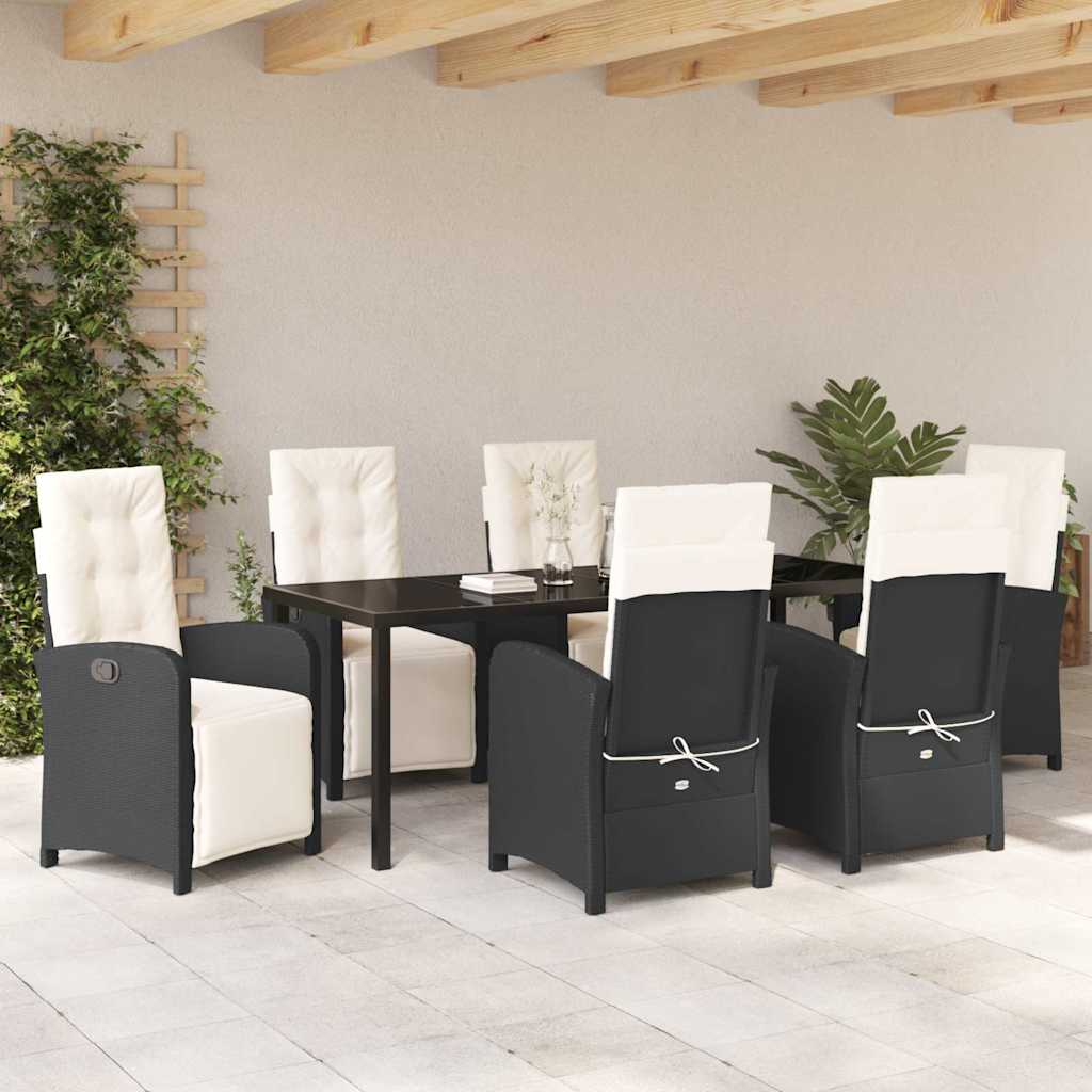 vidaXL Zestaw do jadalni w ogrodzie z poduszką 7 pcs Czarny polirattan