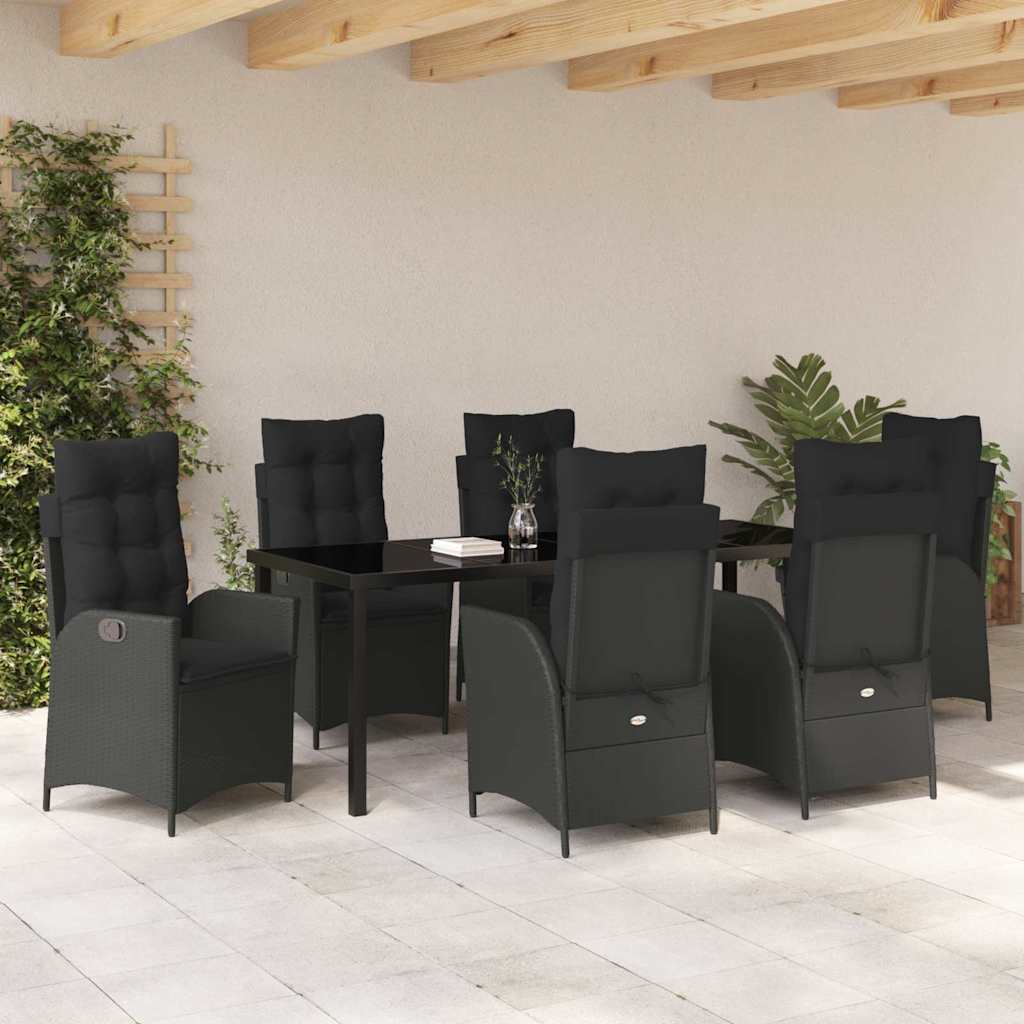 vidaXL Zestaw do jadalni w ogrodzie z poduszką 7 pcs Czarny polirattan