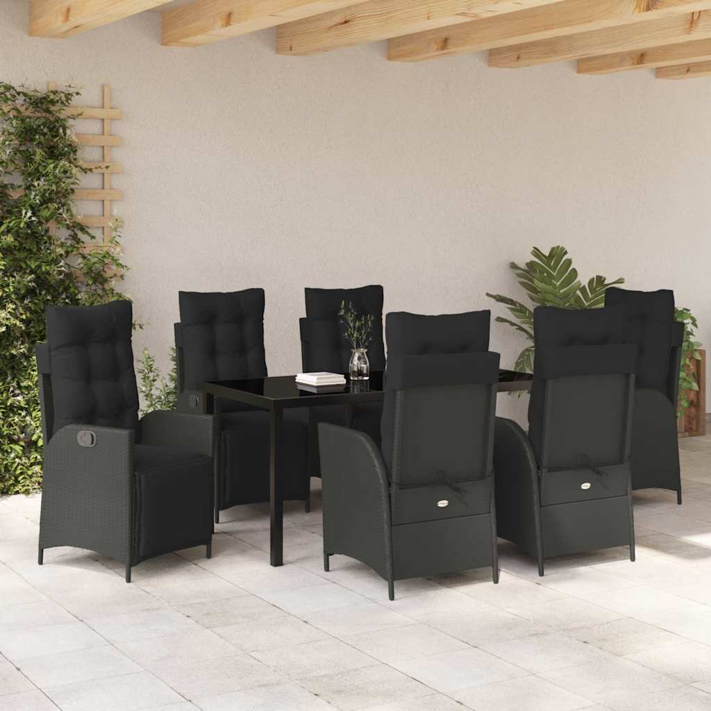 vidaXL Zestaw do jadalni w ogrodzie z poduszką 7 pcs Czarny polirattan