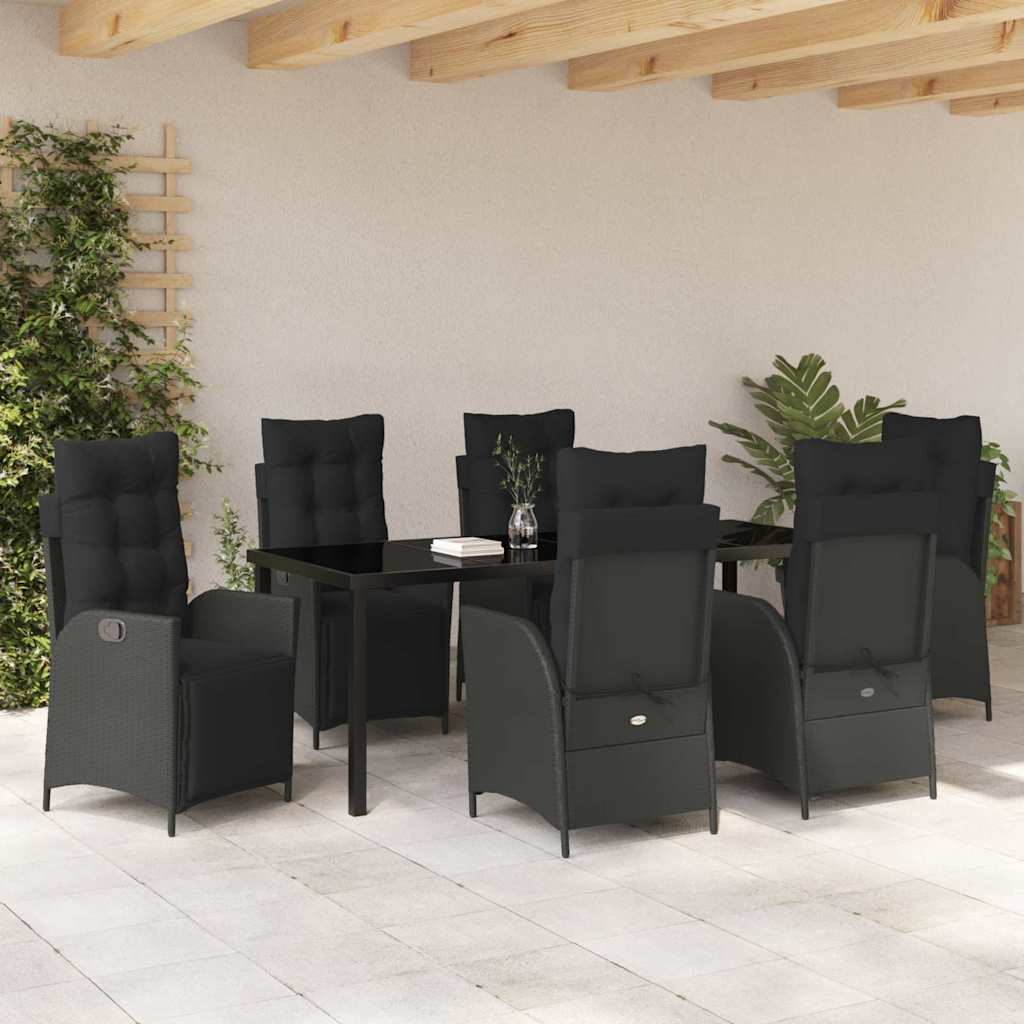 vidaXL Zestaw do jadalni w ogrodzie z poduszką 7 pcs Czarny polirattan