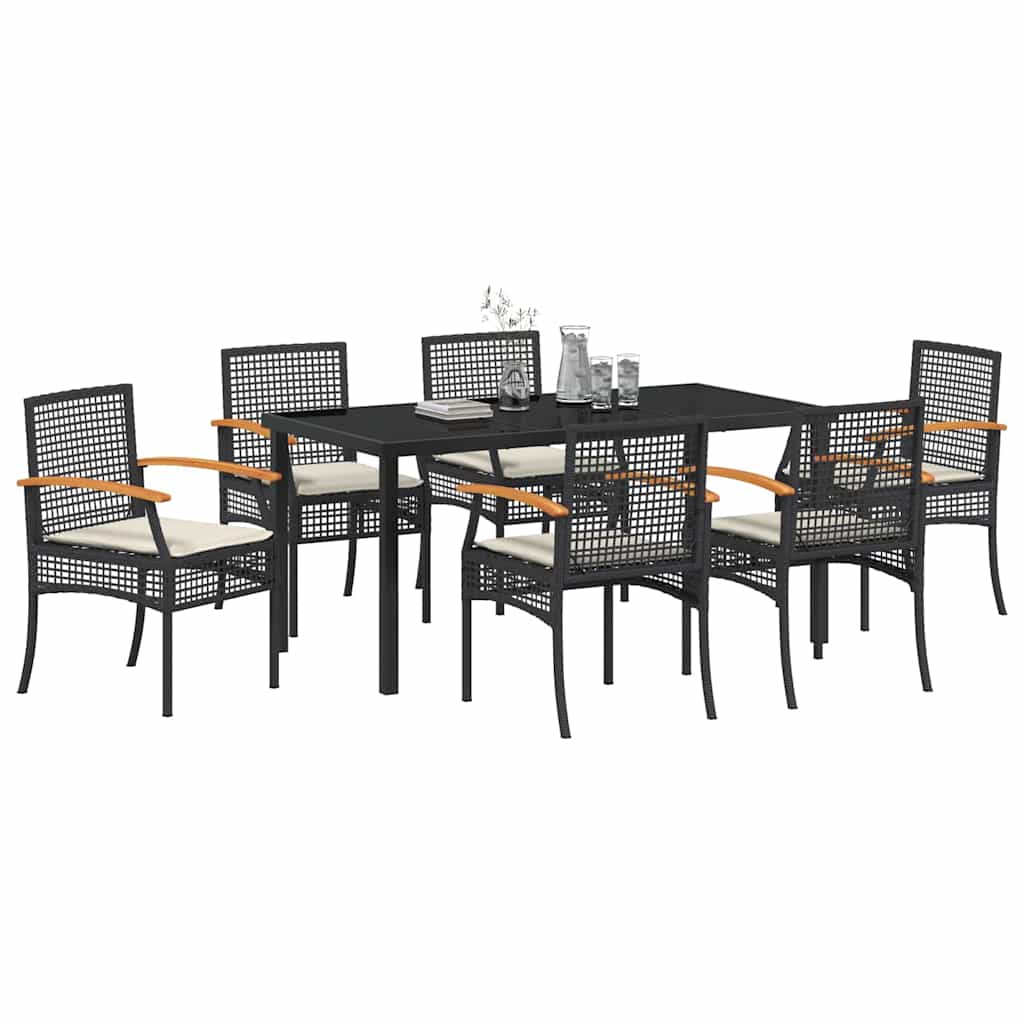 vidaXL Zestaw do jadalni w ogrodzie z poduszką 7 pcs Czarny rattan