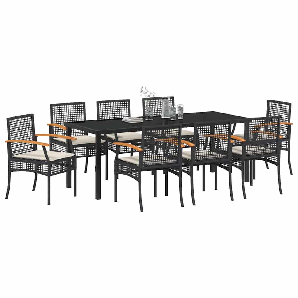vidaXL Zestaw do jadalni w ogrodzie z poduszką 9 pcs Czarny rattan