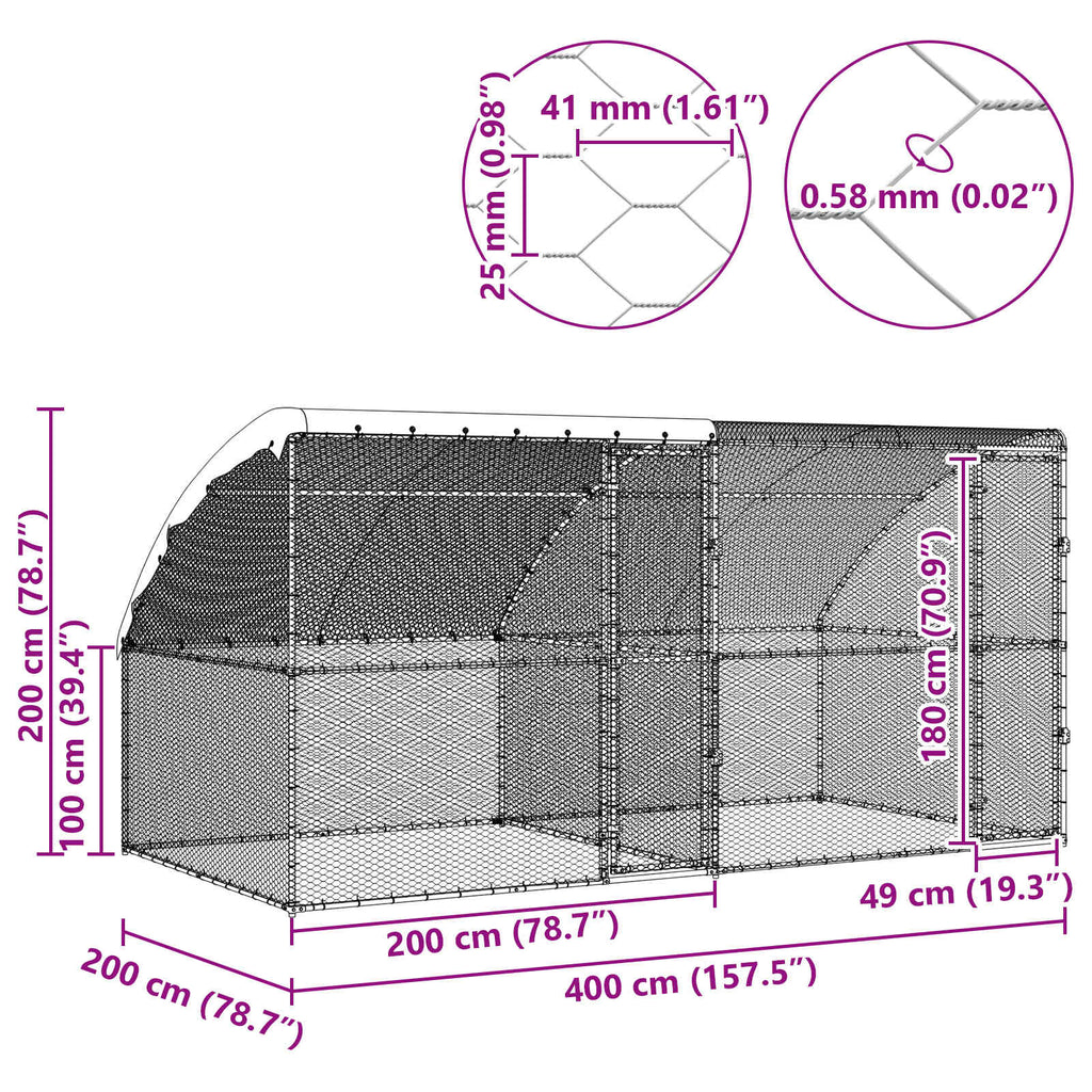 vidaXL Klatka dla kur 2 pcs Srebrny 400 x 200 x 200 cm Stal i PE