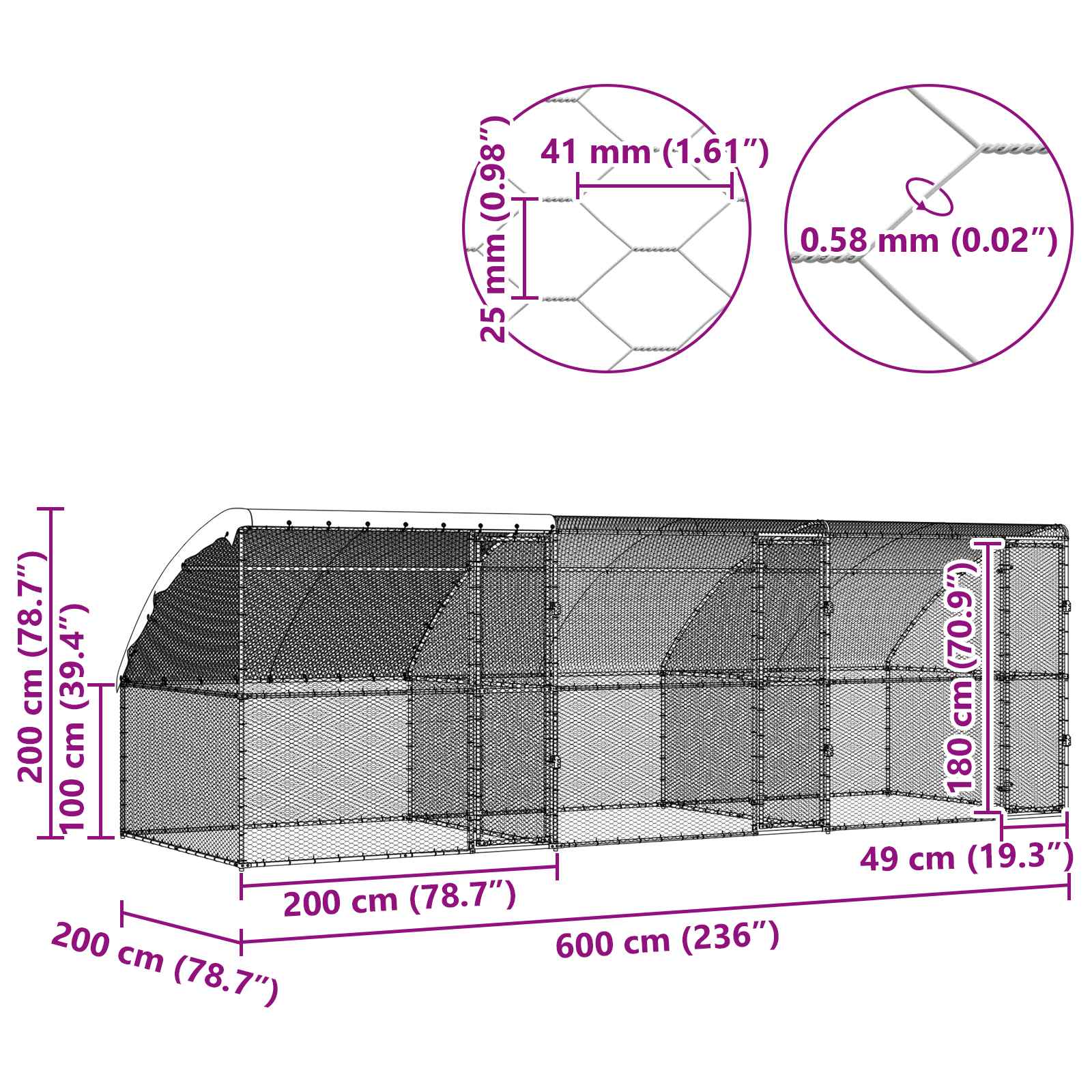 vidaXL Klatka dla kur 3 pcs Srebrny 600 x 200 x 200 cm Stal i PE