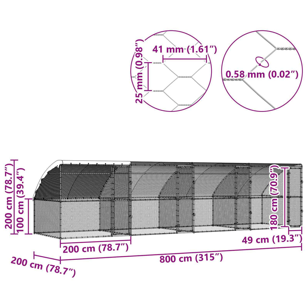 vidaXL Klatka dla kur 4 pcs Srebrny 800 x 200 x 200 cm Stal i PE