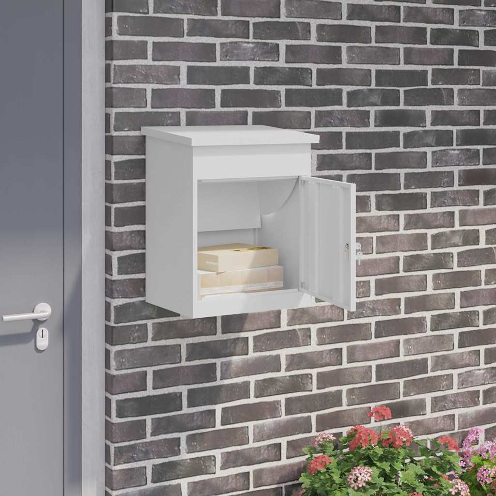 vidaXL Skrzynka na przesyłki z drzwiami Biały 47,5 x 38 x 59 cm Stal