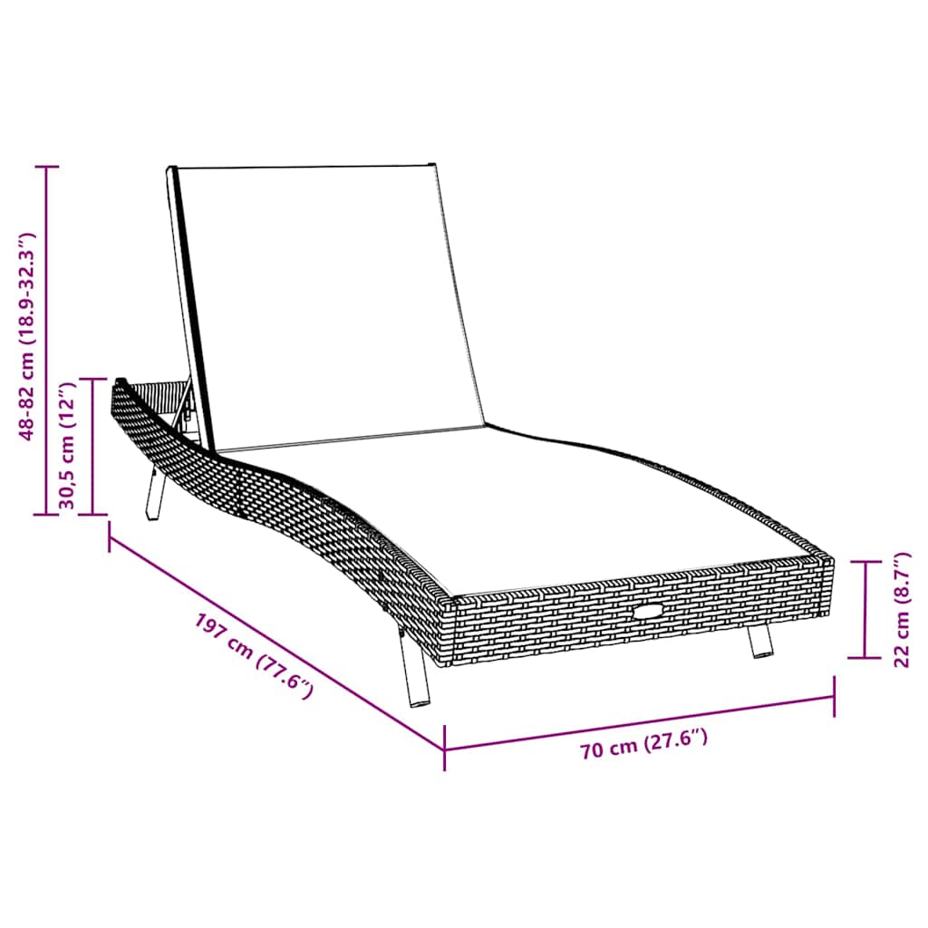 vidaXL Leżak 3 pcs Czarny i Biały 197 x 70 x 82 cm polirattan