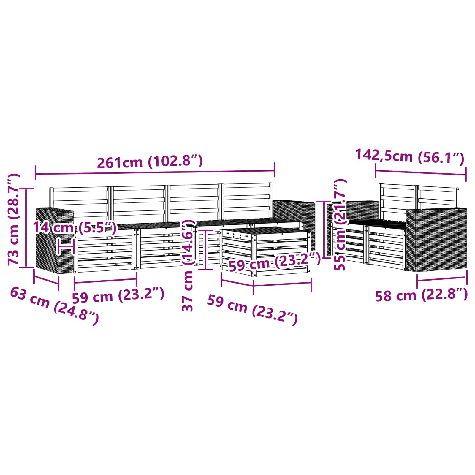 vidaXL Zestaw sof na zewnątrz 7 pcs naturalny Lite Drewno Akacji
