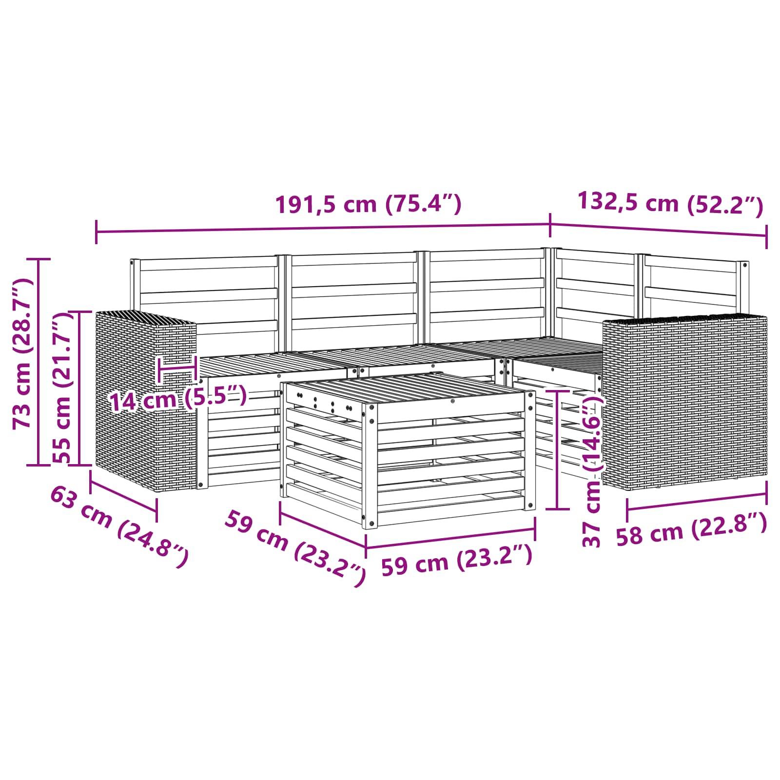 vidaXL Zestaw sof na zewnątrz 5 pcs naturalny 59 x 59 x 37 cm