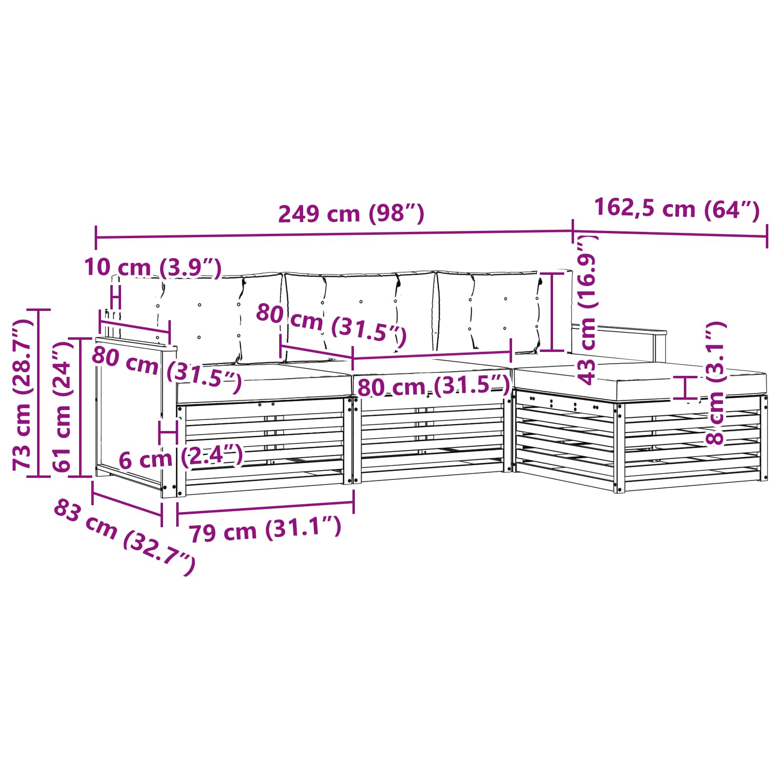 vidaXL Zestaw sof na zewnątrz Naturalny i Kremowy 249 x 162,5 x 73 cm