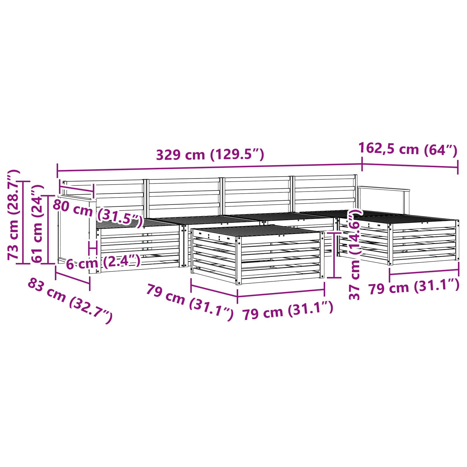 vidaXL Zestaw sof na zewnątrz 6 pcs naturalny 79 x 79 x 37 cm
