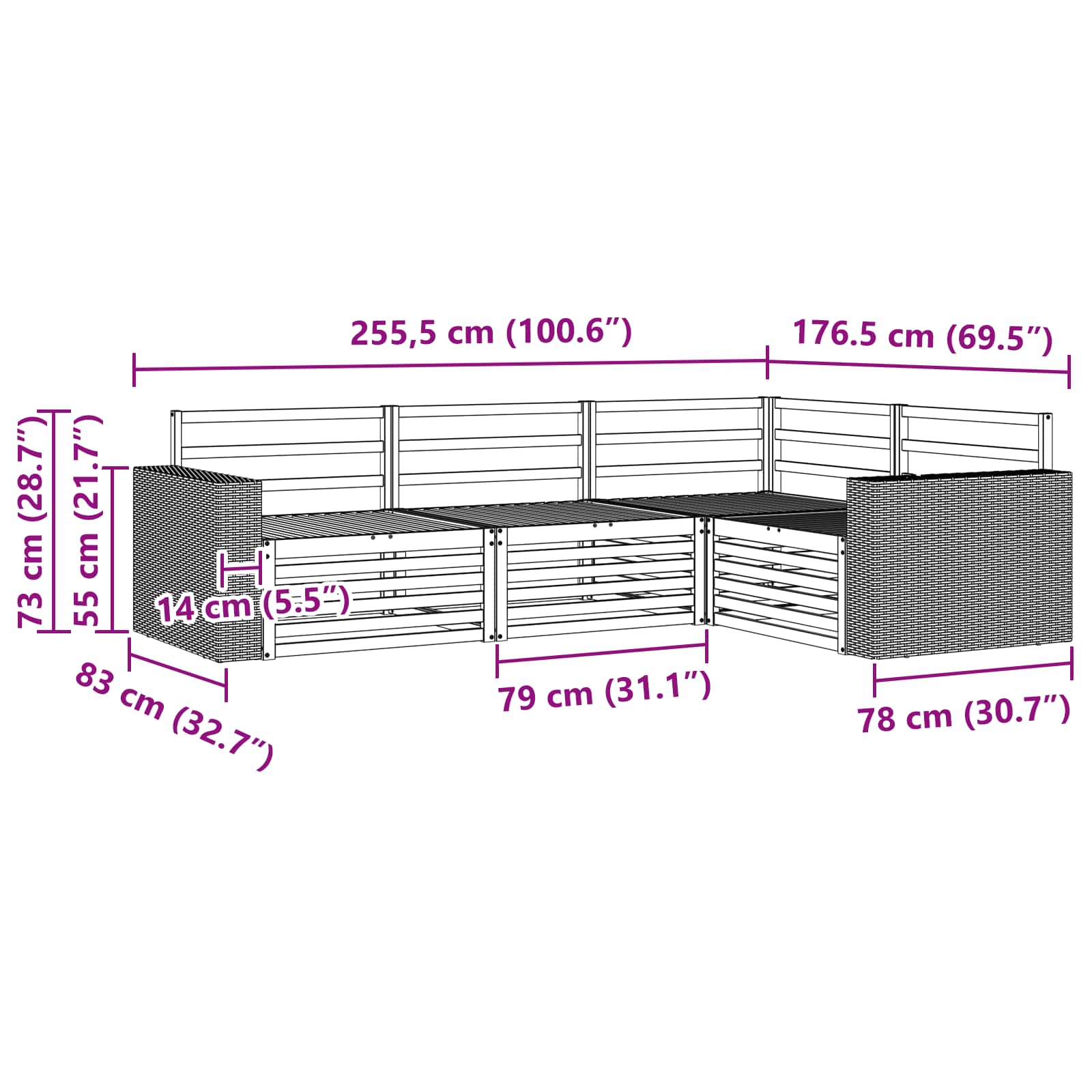 vidaXL Zestaw sof na zewnątrz 4 pcs naturalny 255,5 x 176,5 x 73 cm