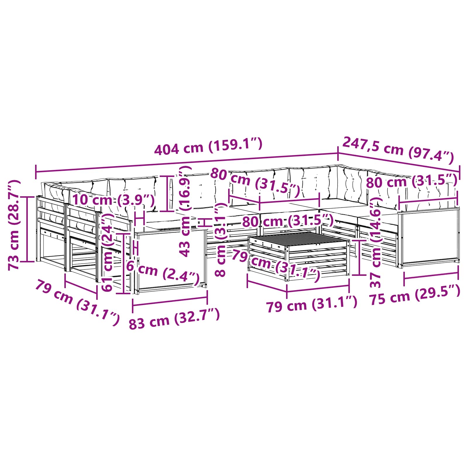 vidaXL Zestaw sof na zewnątrz z poduszką 10 pcs Naturalny i jasnoszary