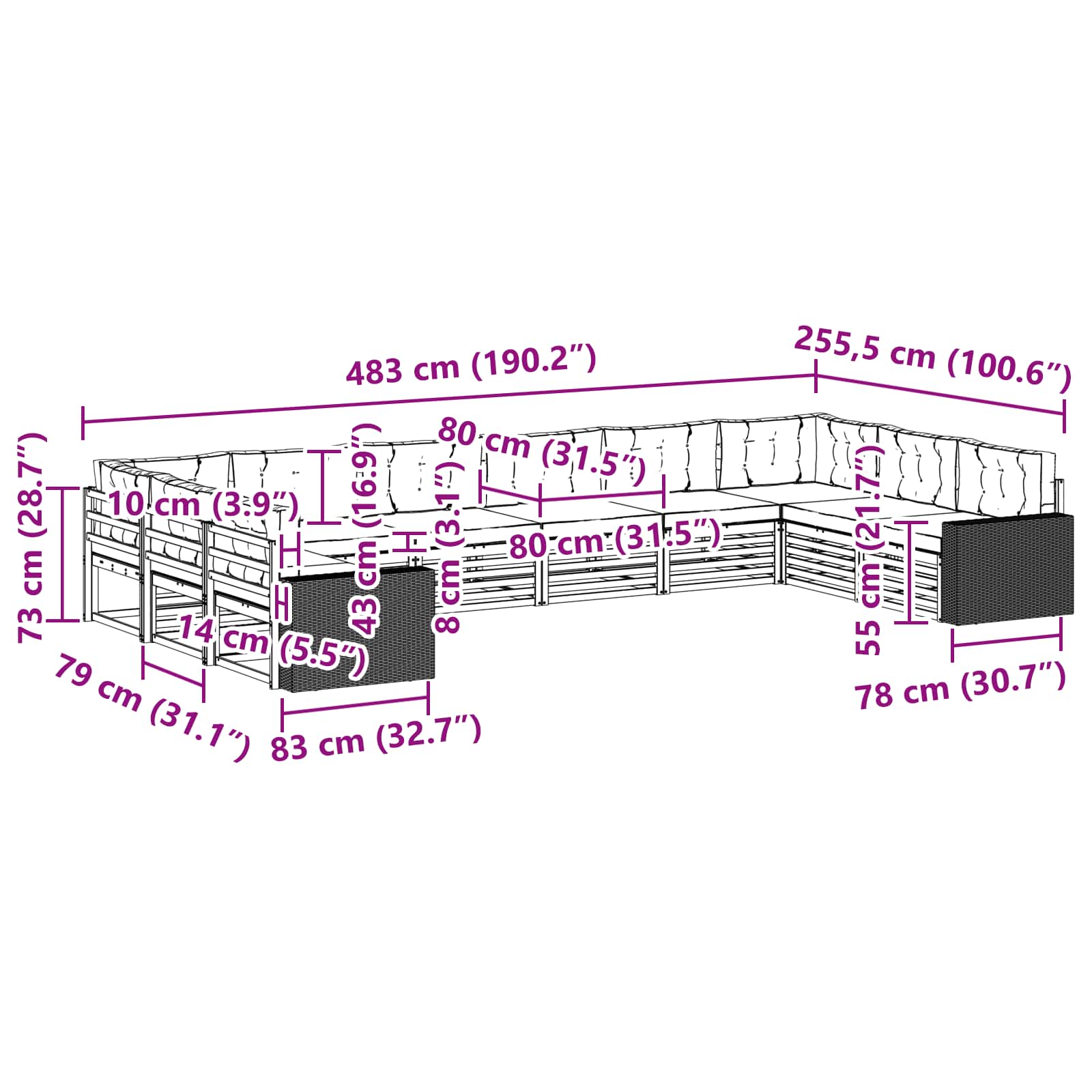 vidaXL Zestawy sof z poduszką 10 pcs Lite Drewno Akacji