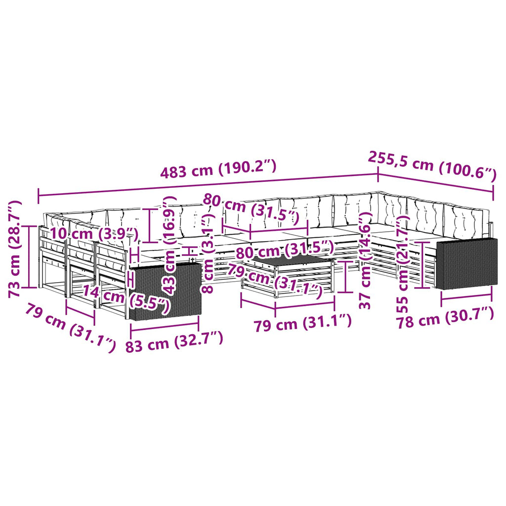 vidaXL Zestawy sof z poduszką 11 pcs Lite Drewno Akacji