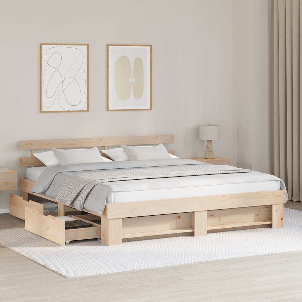 vidaXL Ramka łóżka z szufladą Brązowy 200 x 200 cm Lite drewno sosnowe