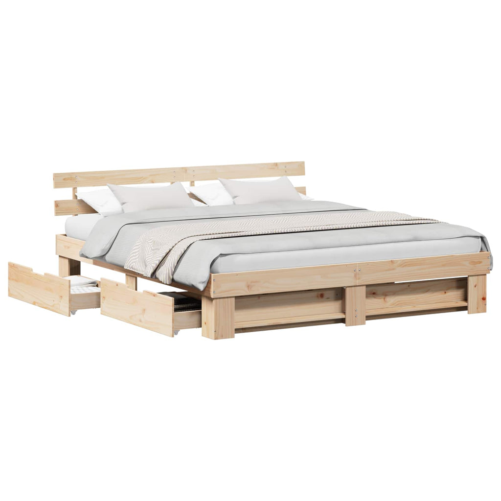 vidaXL Ramka łóżka z szufladą Brązowy 200 x 200 cm Lite drewno sosnowe