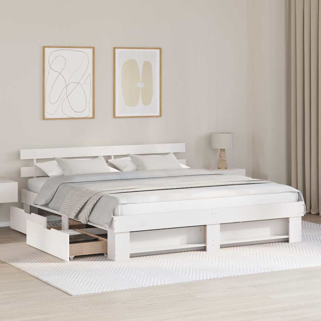 vidaXL Ramka łóżka Z zagłówkiem Biały 200 x 200 cm Lite drewno sosnowe