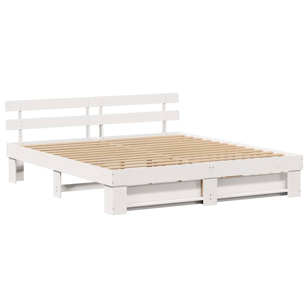 vidaXL Ramka łóżka Z zagłówkiem Biały 200 x 200 cm Lite drewno sosnowe