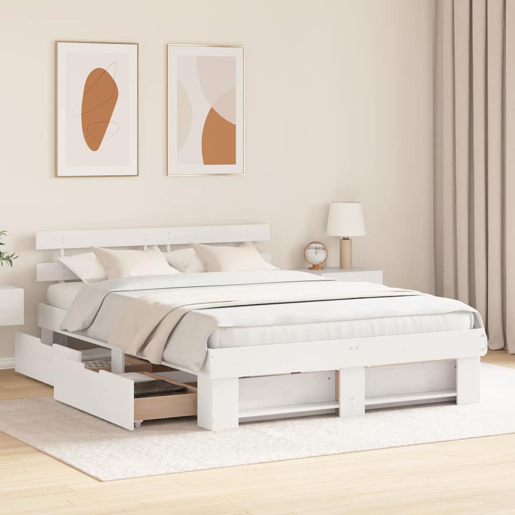 vidaXL Ramka łóżka Z zagłówkiem Biały 150 x 200 cm Lite drewno sosnowe