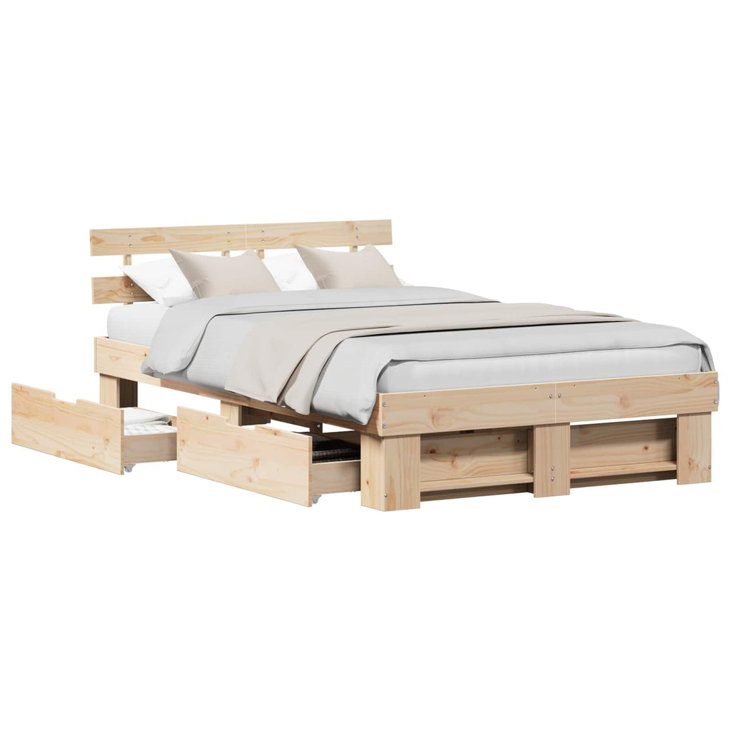 vidaXL Ramka łóżka z szufladą Brązowy 135 x 190 cm Lite drewno sosnowe