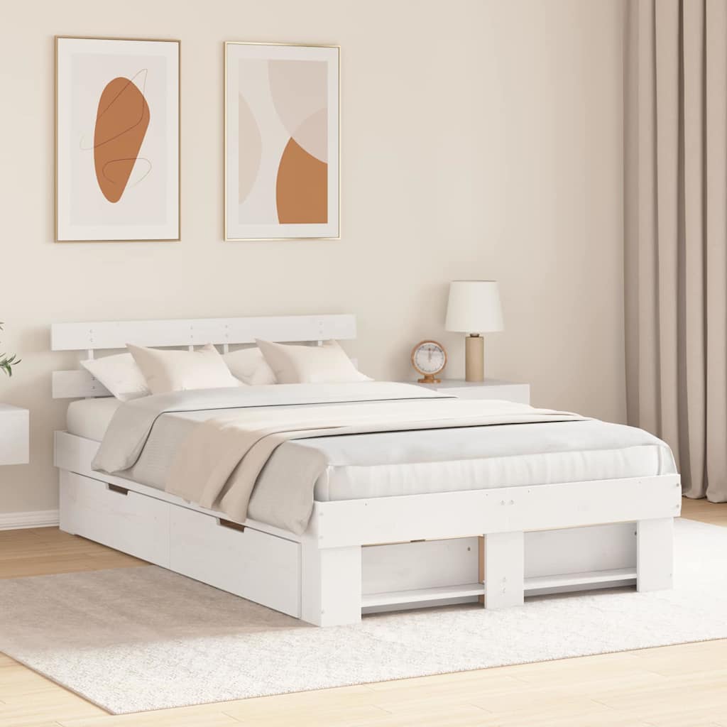 vidaXL Ramka łóżka Z zagłówkiem Biały 135 x 190 cm Lite drewno sosnowe