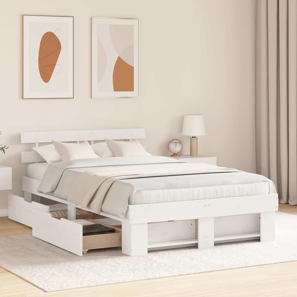 vidaXL Ramka łóżka Z zagłówkiem Biały 135 x 190 cm Lite drewno sosnowe