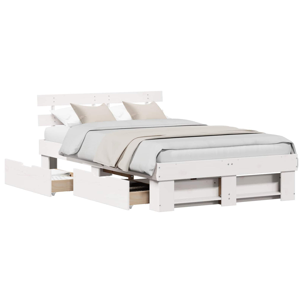vidaXL Ramka łóżka Z zagłówkiem Biały 135 x 190 cm Lite drewno sosnowe