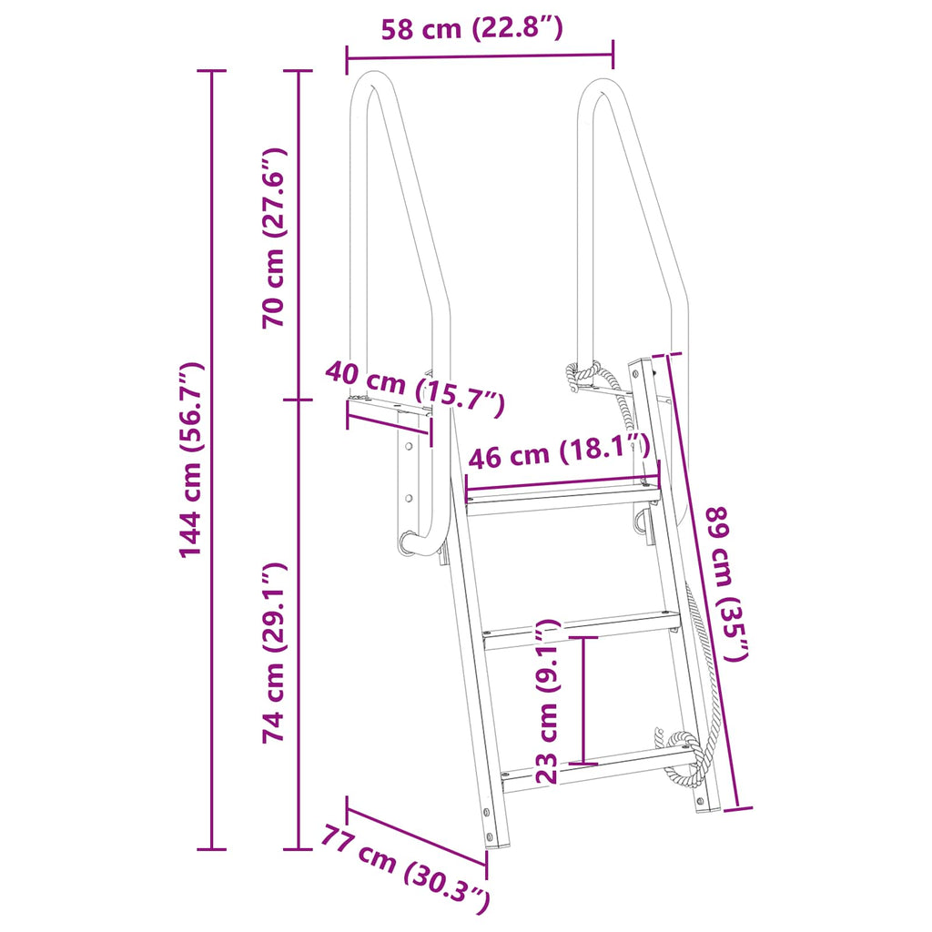 vidaXL Drabinka dokowa 3-stopniowa Srebrny 58 x 77 x 144 cm Aluminium