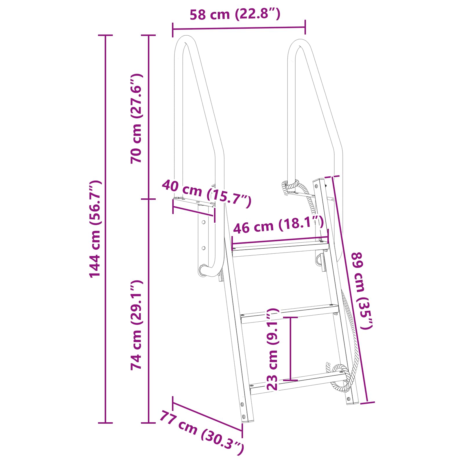 vidaXL Drabinka dokowa 3-stopniowa Srebrny 58 x 77 x 144 cm Aluminium