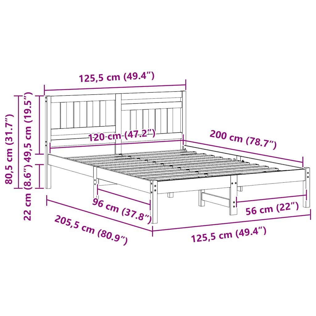 vidaXL Ramka łóżka Z zagłówkiem Biały 120 x 200 cm Lite drewno sosnowe