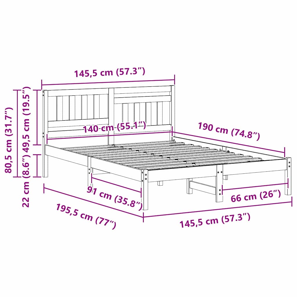 vidaXL Ramka łóżka Brązowy 140 x 190 cm Lite drewno sosnowe