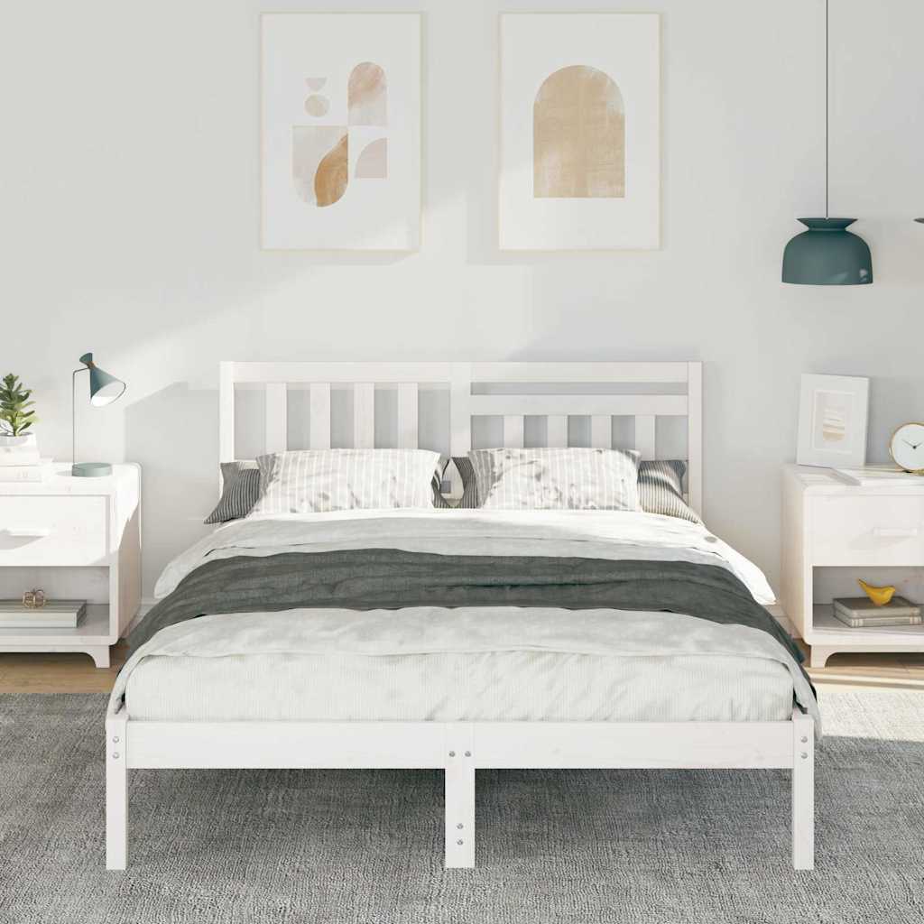 vidaXL Ramka łóżka Z zagłówkiem Biały 135 x 190 cm Lite drewno sosnowe