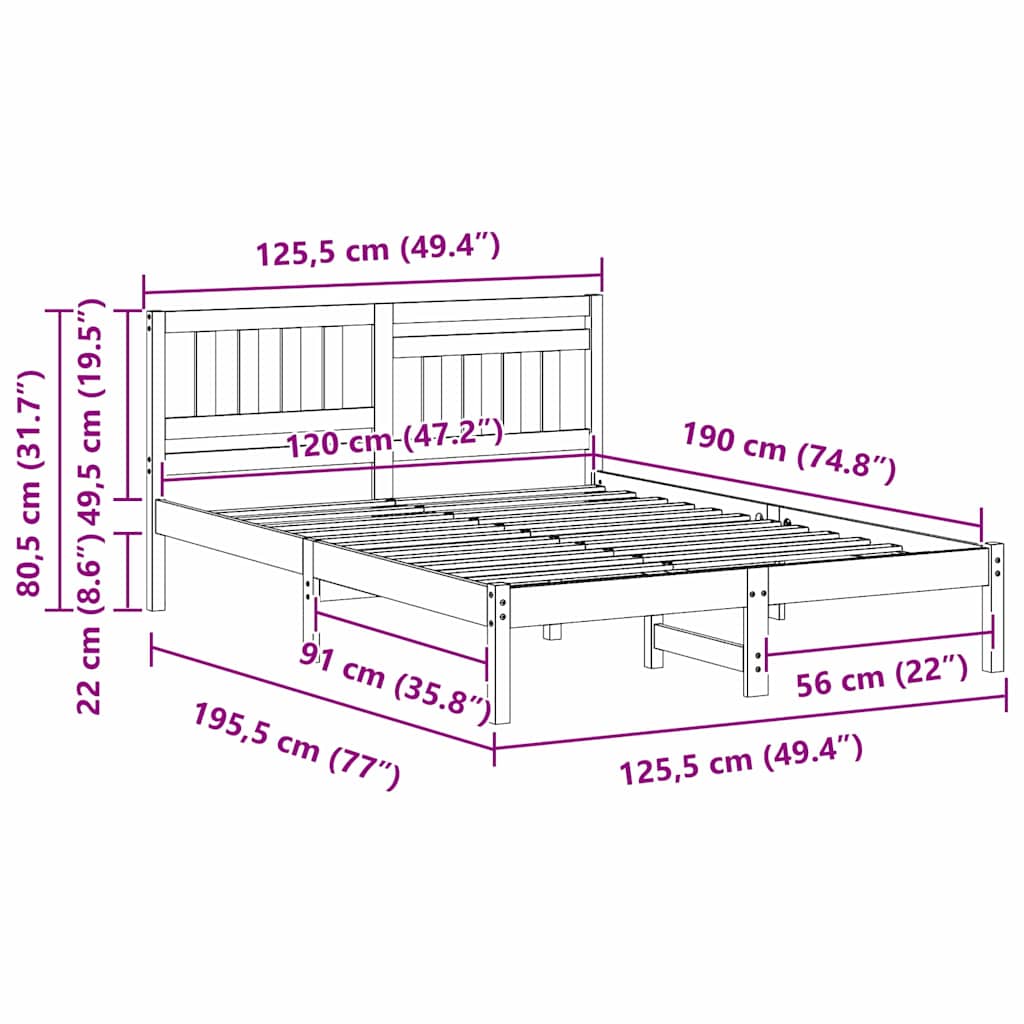 vidaXL Ramka łóżka Brązowy 120 x 190 cm Lite drewno sosnowe