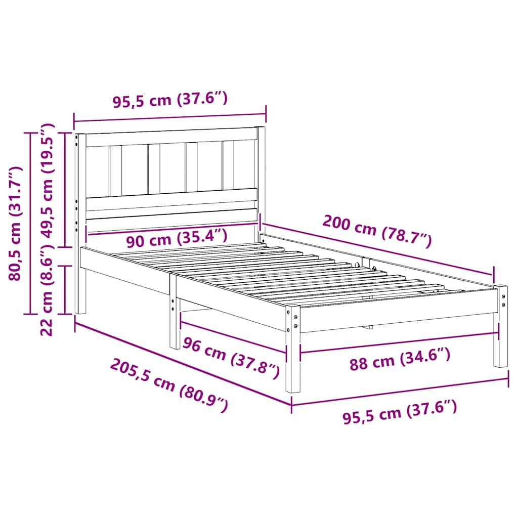 vidaXL Ramka łóżka Brązowy 90 x 200 cm Lite drewno sosnowe