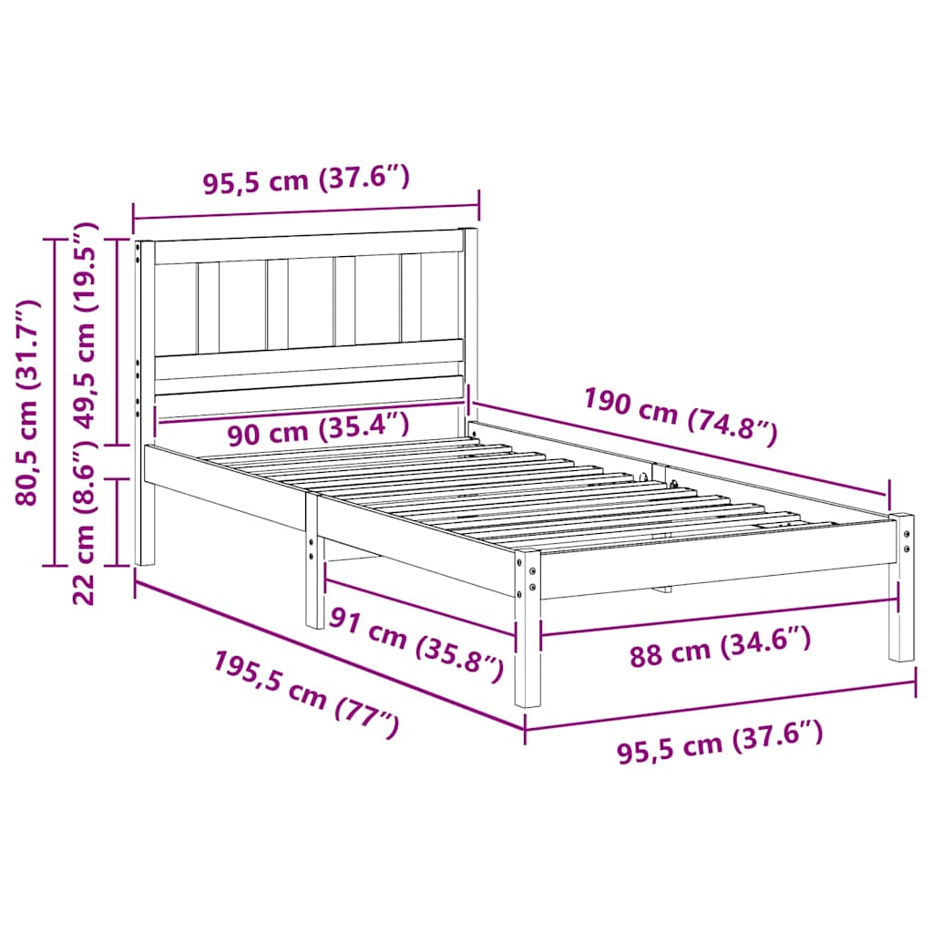 vidaXL Ramka łóżka Z zagłówkiem Biały 90 x 190 cm Lite drewno sosnowe