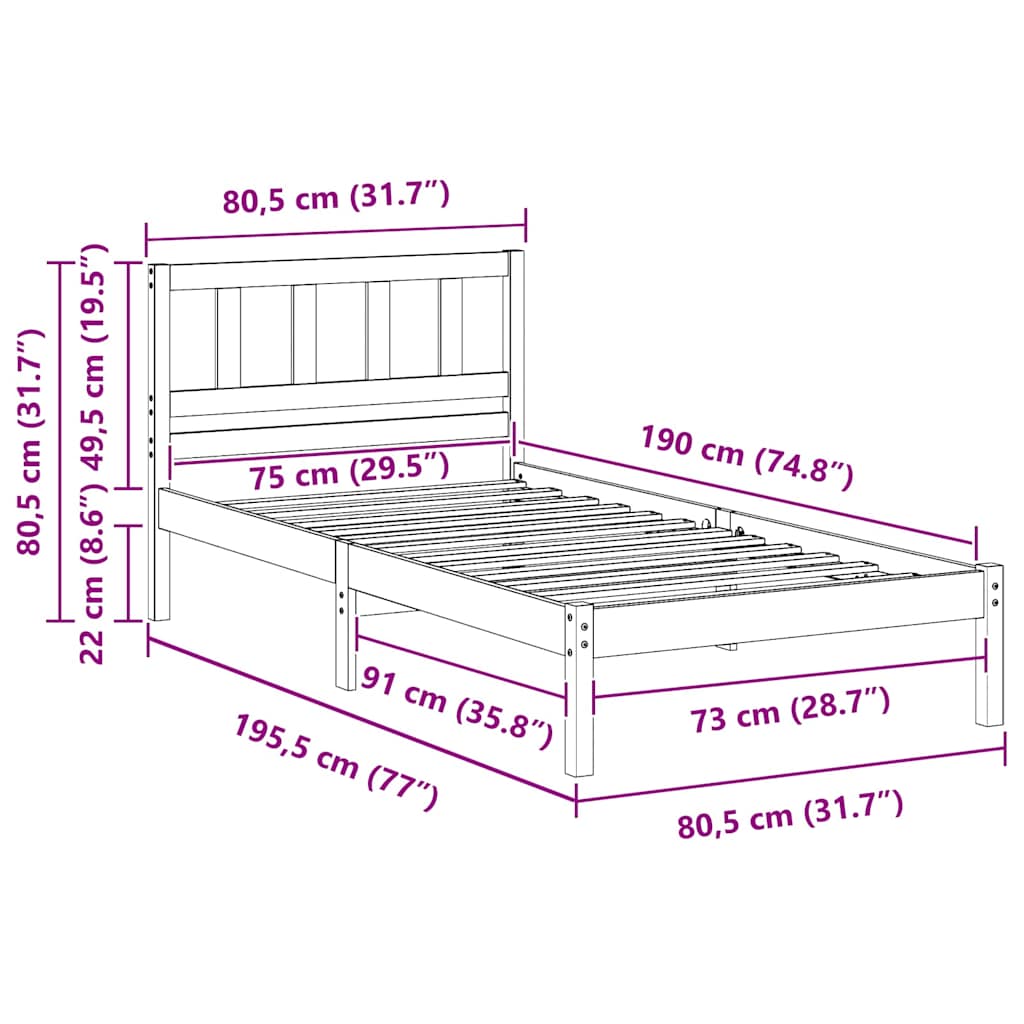 vidaXL Ramka łóżka Brązowy 75 x 190 cm Lite drewno sosnowe