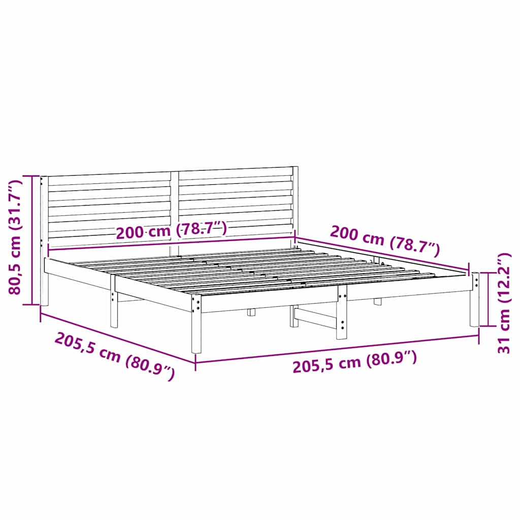 vidaXL Ramka łóżka Brązowy 200 x 200 cm Lite drewno sosnowe