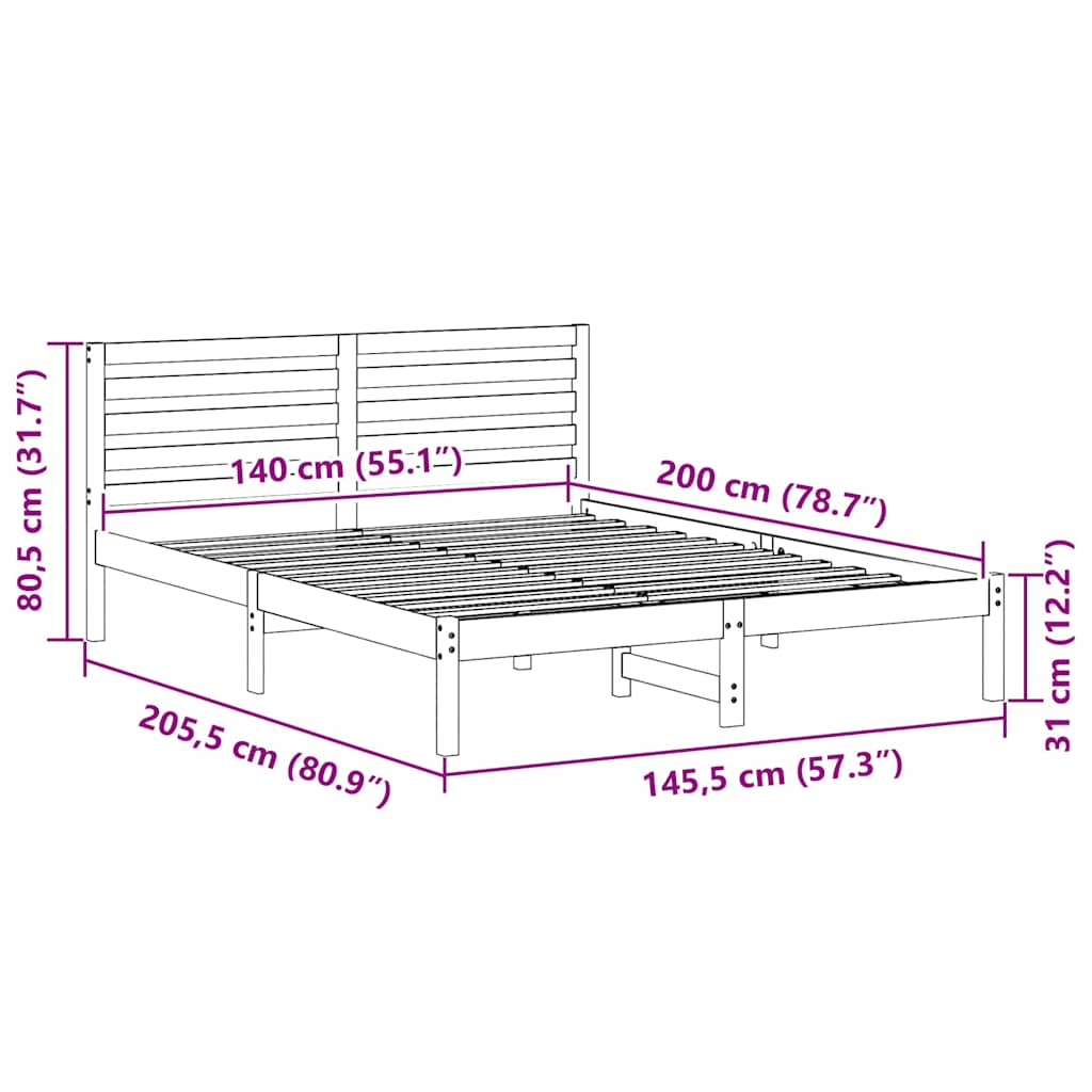 vidaXL Ramka łóżka Brązowy 140 x 200 cm Lite drewno sosnowe